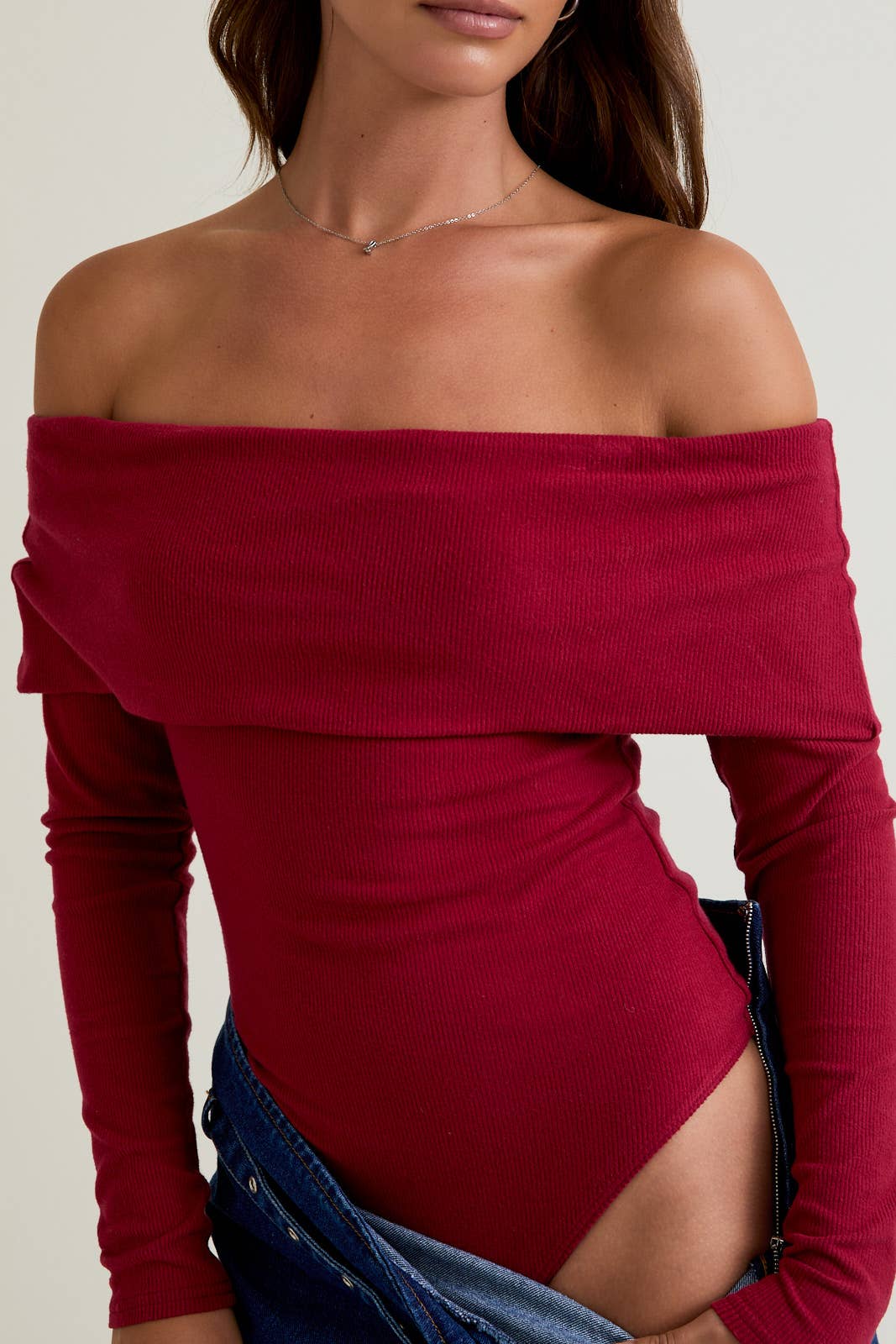 Classic Off The Shoulder Bodysuit (green & crimson)