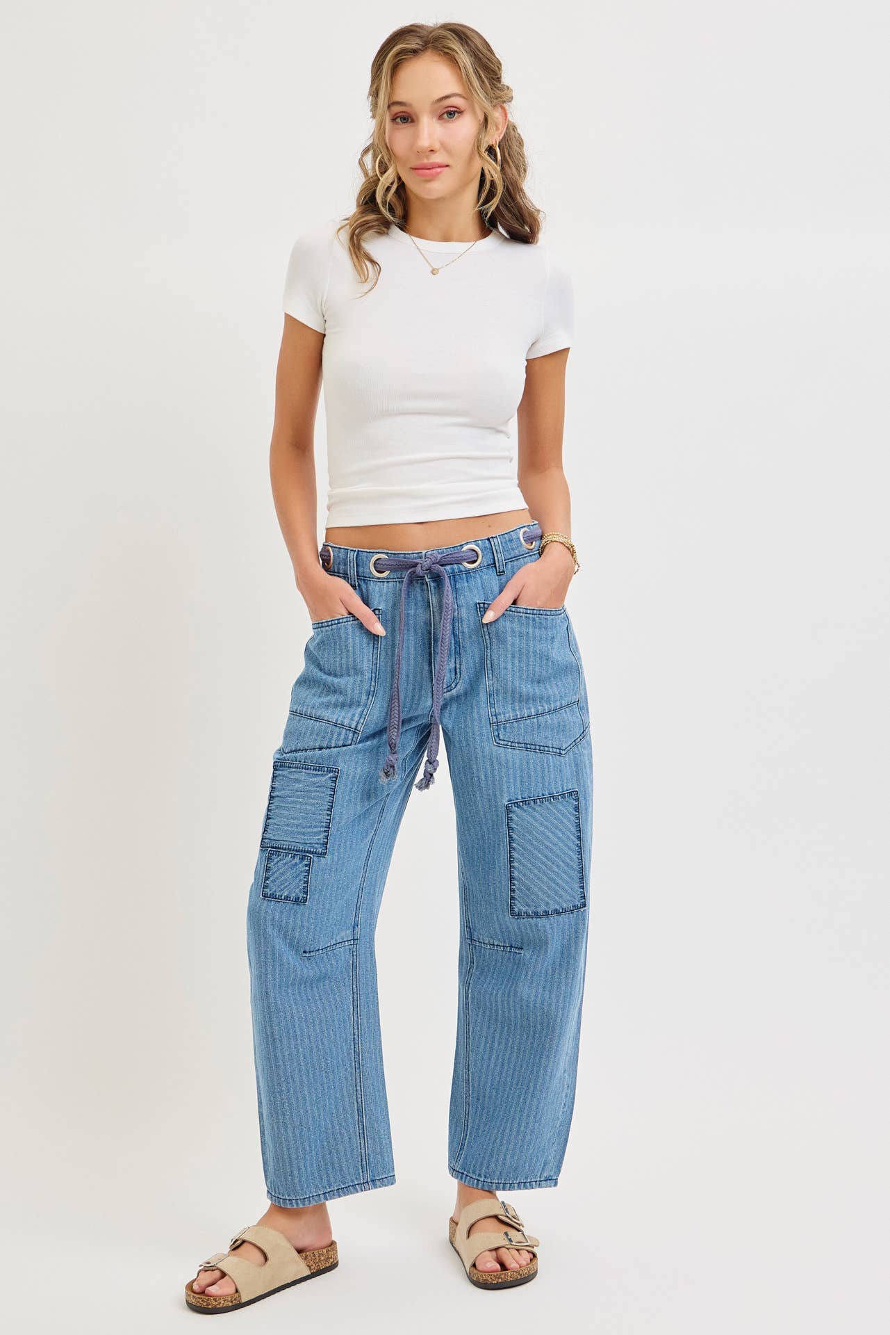 Striped Patch Barrel Jeans